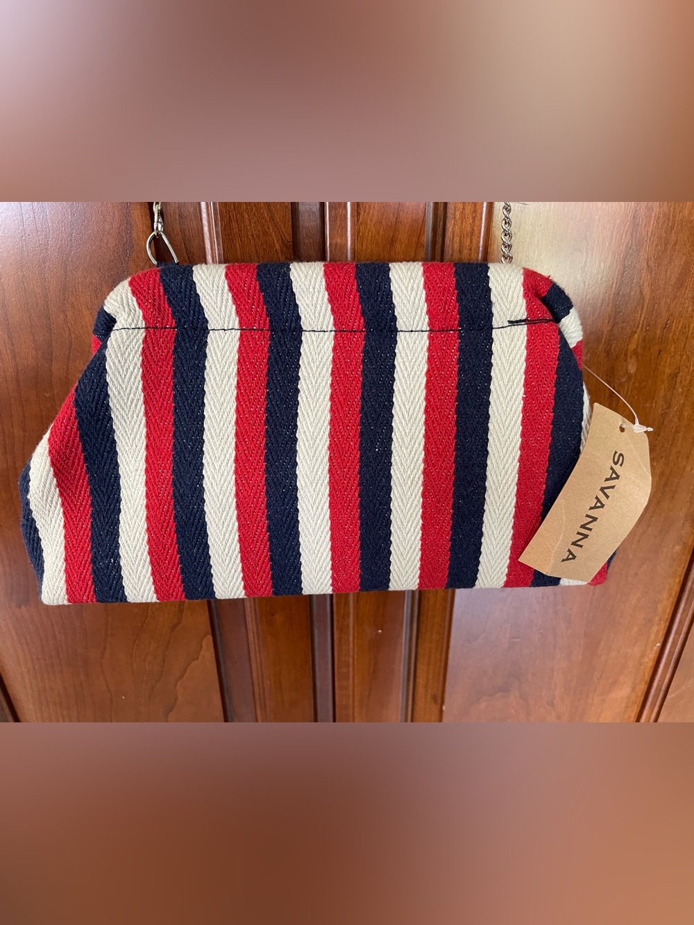 Striped Red, Navy & White Chain-Strap Crossbody Bag